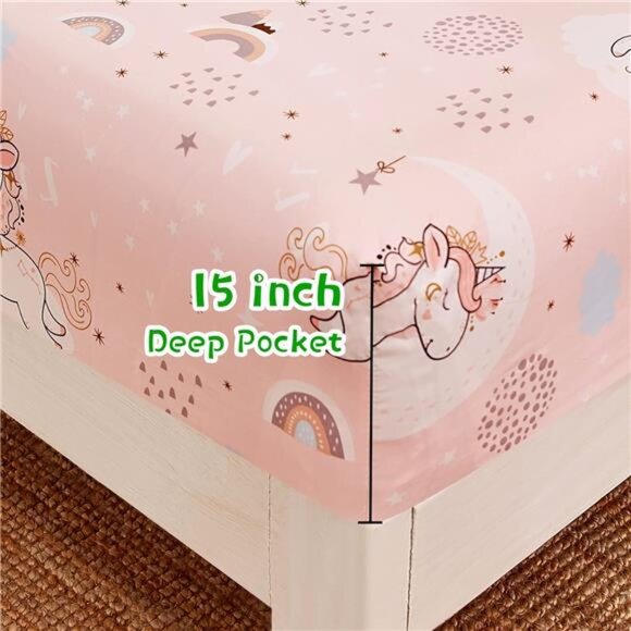 Pink Unicorn Kids Sheet Set Twin Size, 3 Piece Girls Rainbow Printed - Picture 4 of 7
